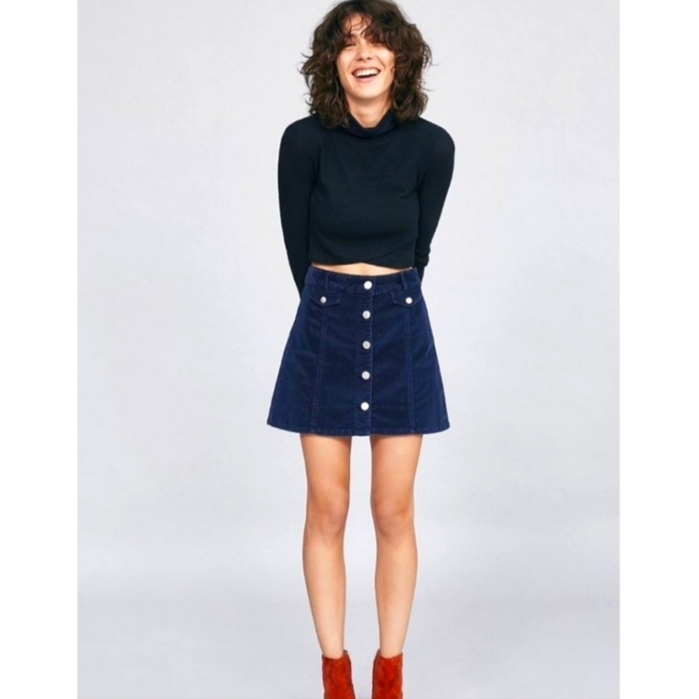 Navy Corduroy Button Front A-Line Mini Skirt Small NWOT